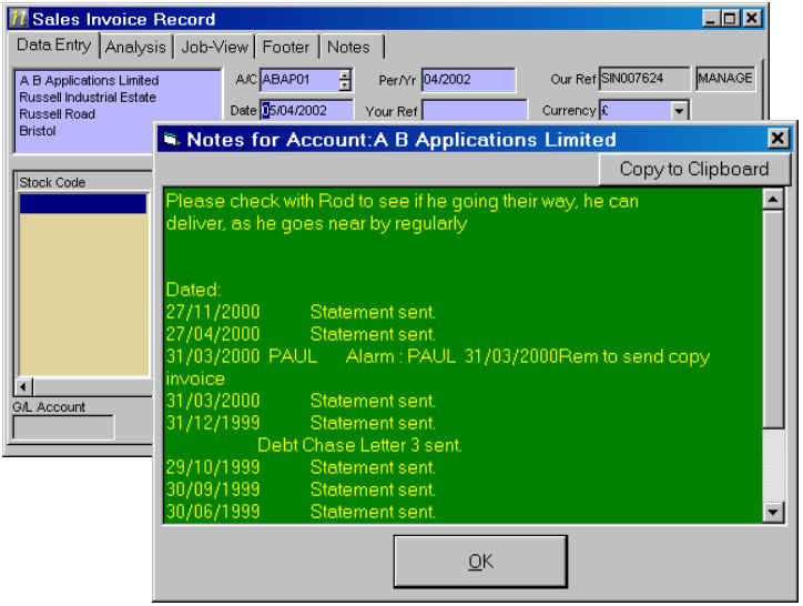Popup notes for Exchequer Enterprise
