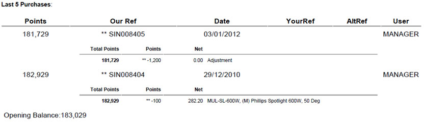 Loyalty points example report