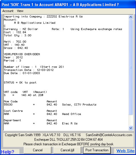 Exchequer Enterprise Transaction Lines conformation